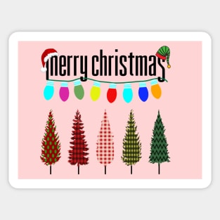 Merry Christmas, plaid Xmas trees, santa hat, elf hat and colorful Christmas lights Sticker